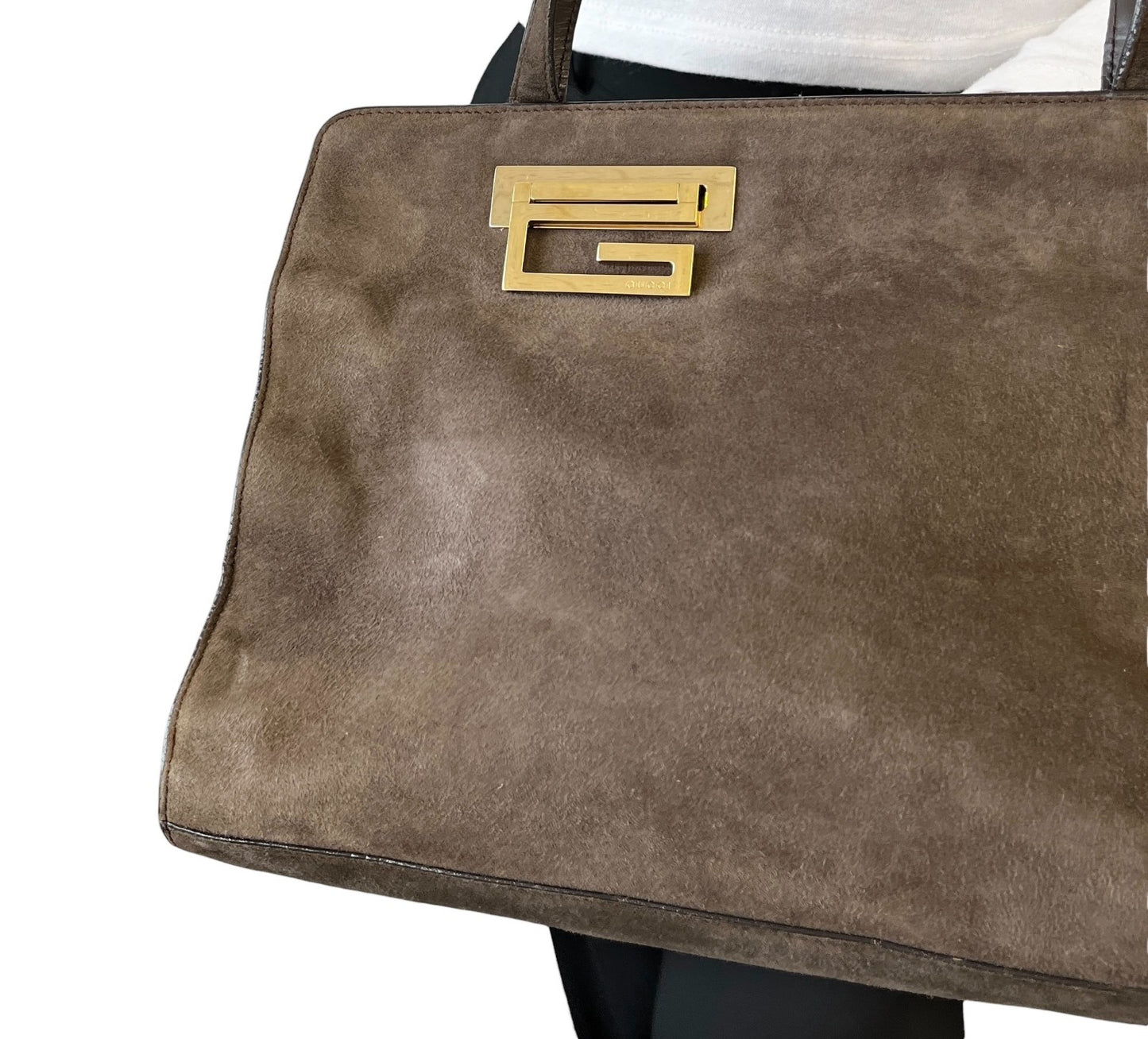 GUCCI Vintage G Square Logo Suede Shoulder Bag Tote Bag Brown Gold Leather