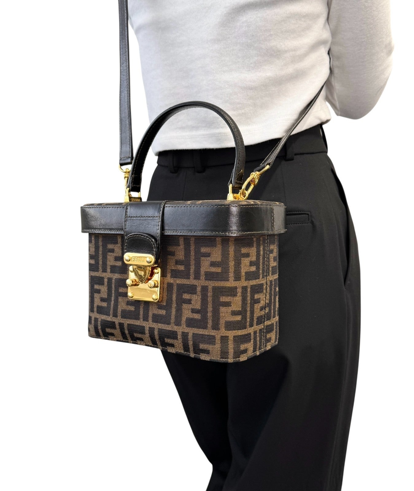 FENDI Vintage FF Zucca Vanity Bag 2way Handbag Crossbody Brown Canvas Leather