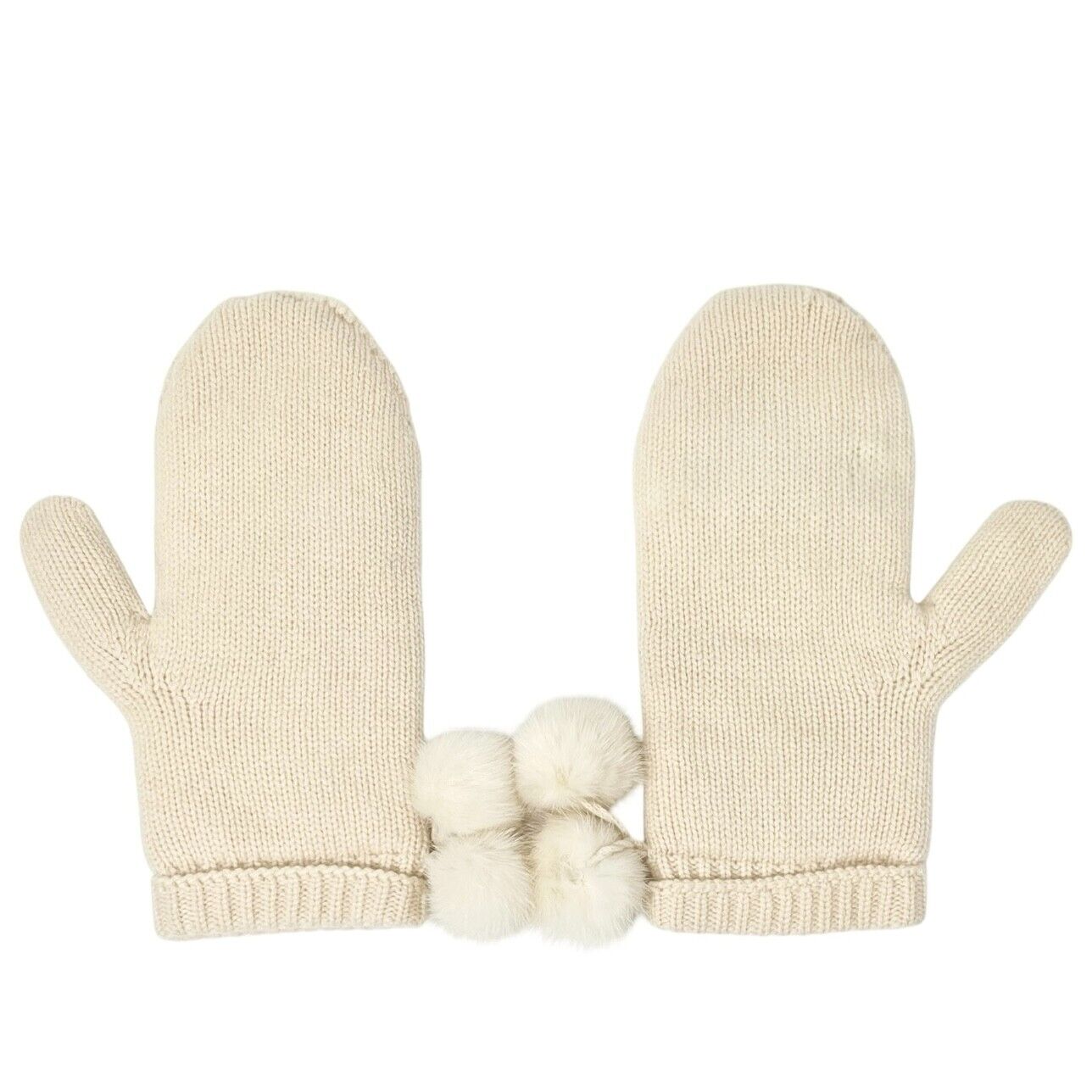 LOUIS VUITTON Vintage LV Logo Knit Gloves Mink Pompons Cream Cashmere