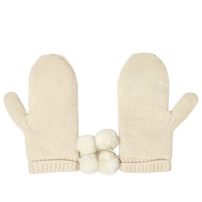 LOUIS VUITTON Vintage LV Logo Knit Gloves Mink Pompons Cream Cashmere
