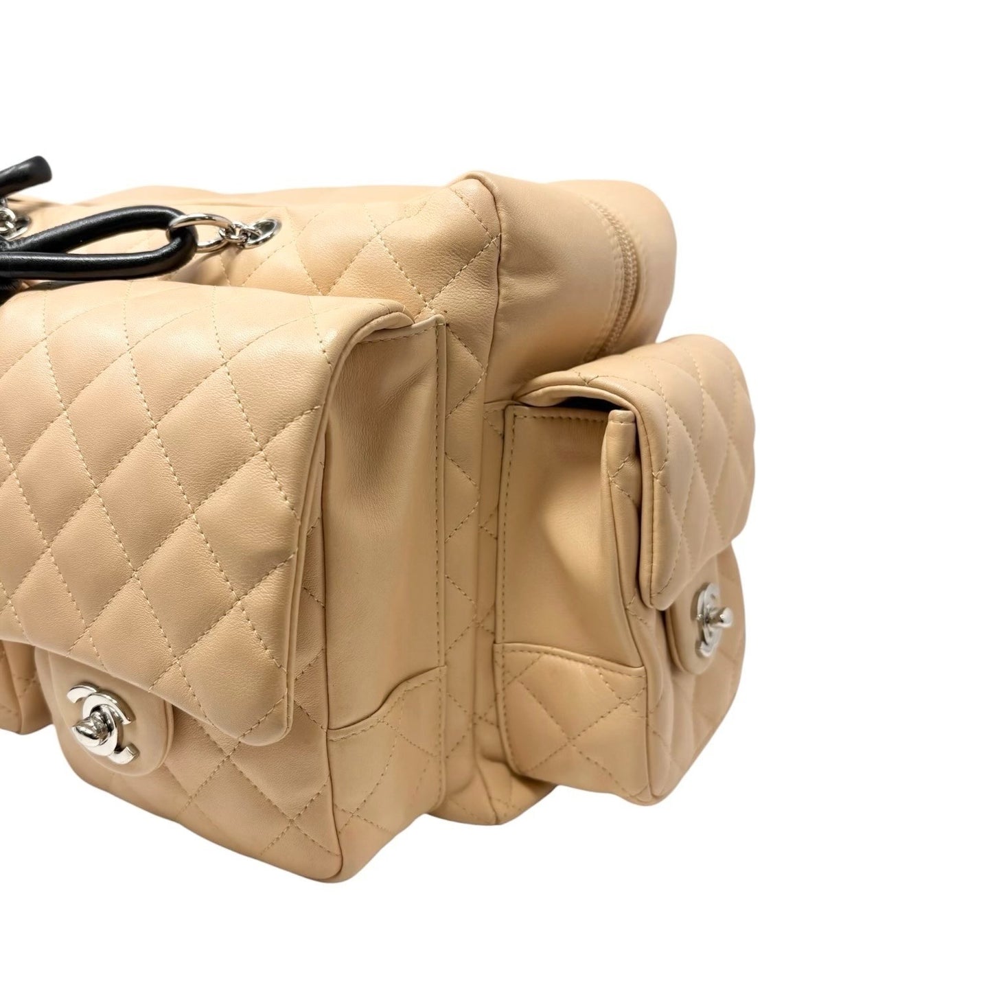 CHANEL Vintage Cambon Line CC Logo Quilted Shoulder Bag Beige Black Leather