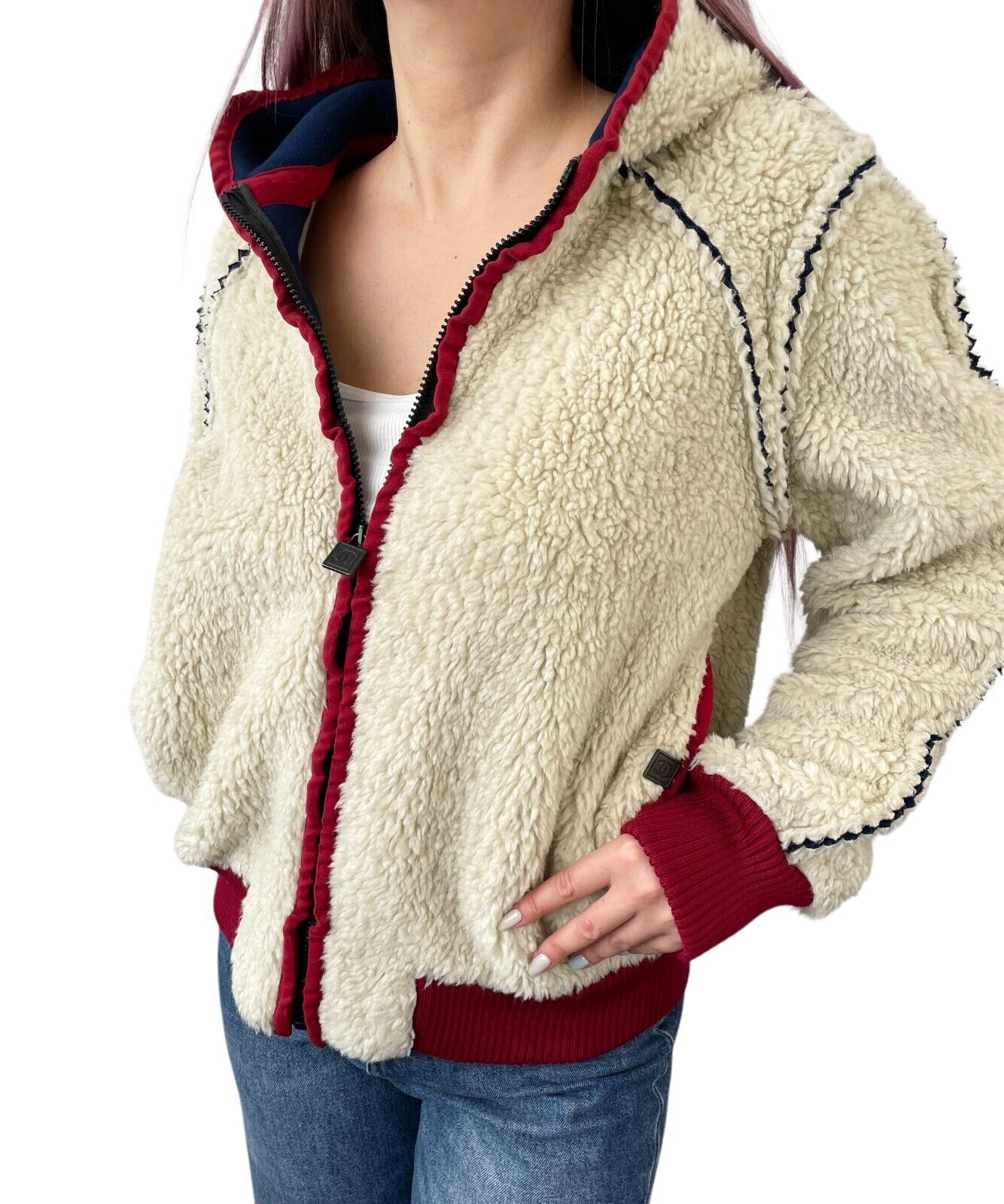 CHANEL Sport Vintage 08C CC Logo Boa Jacket Hoodie #36 Ivory Red Acrylic RankAB