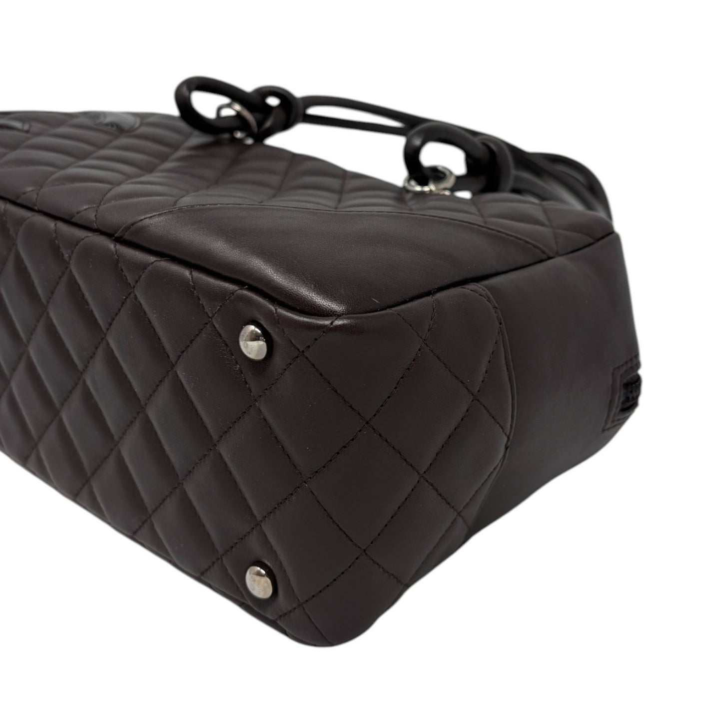 CHANEL Vintage Cambon Line CC Logo Quilted Shoulder Bag Brown Silver Leather