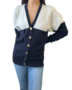 CHANEL Vintage CC Cardigan Sweater Top #L Bicolor White Blue Cotton RankAB