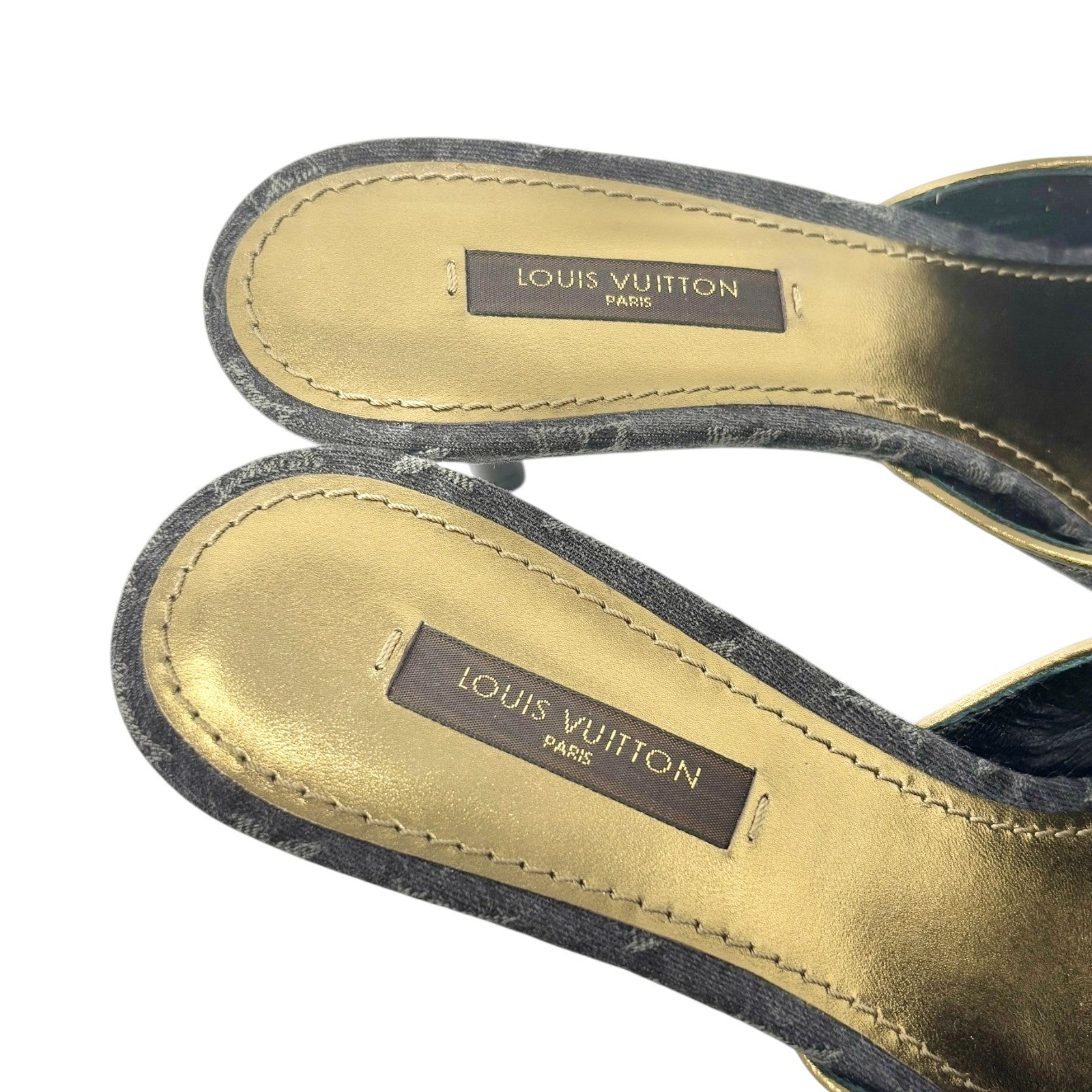 LOUIS VUITTON Vintage Monogram Denim Flower Sandals Heels #36 Black Open Toe