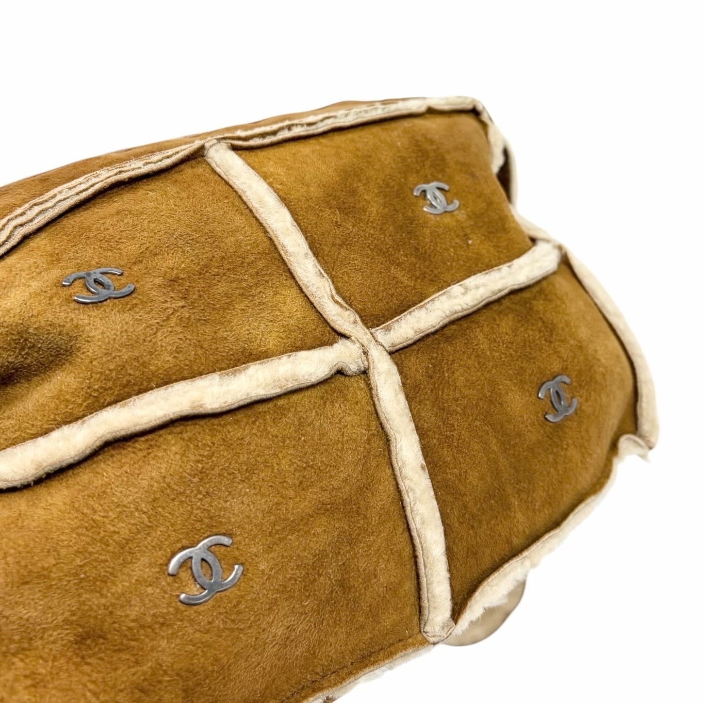 CHANEL Vintage CC Logo Shearling Crossbody Bag Brown Cream Mouton Suede Boa