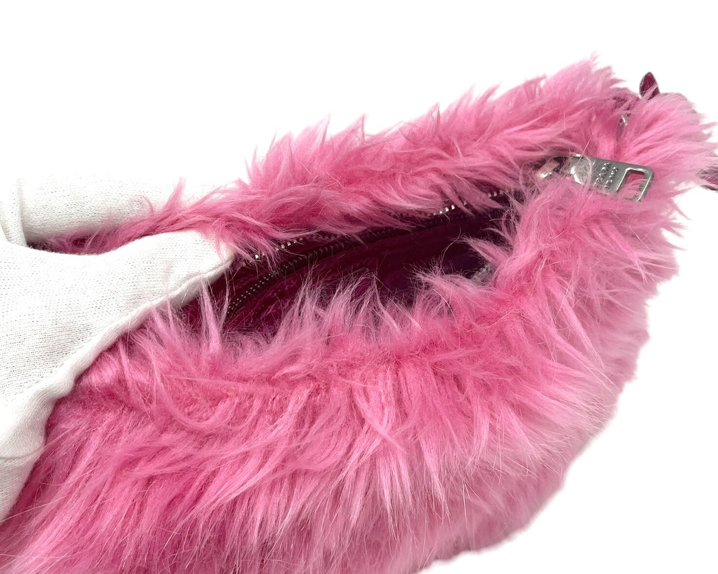 PRADA Vintage Logo Clutch Bag Wristlet Pouch Pink Silver Faux Fur Zip RankAB+