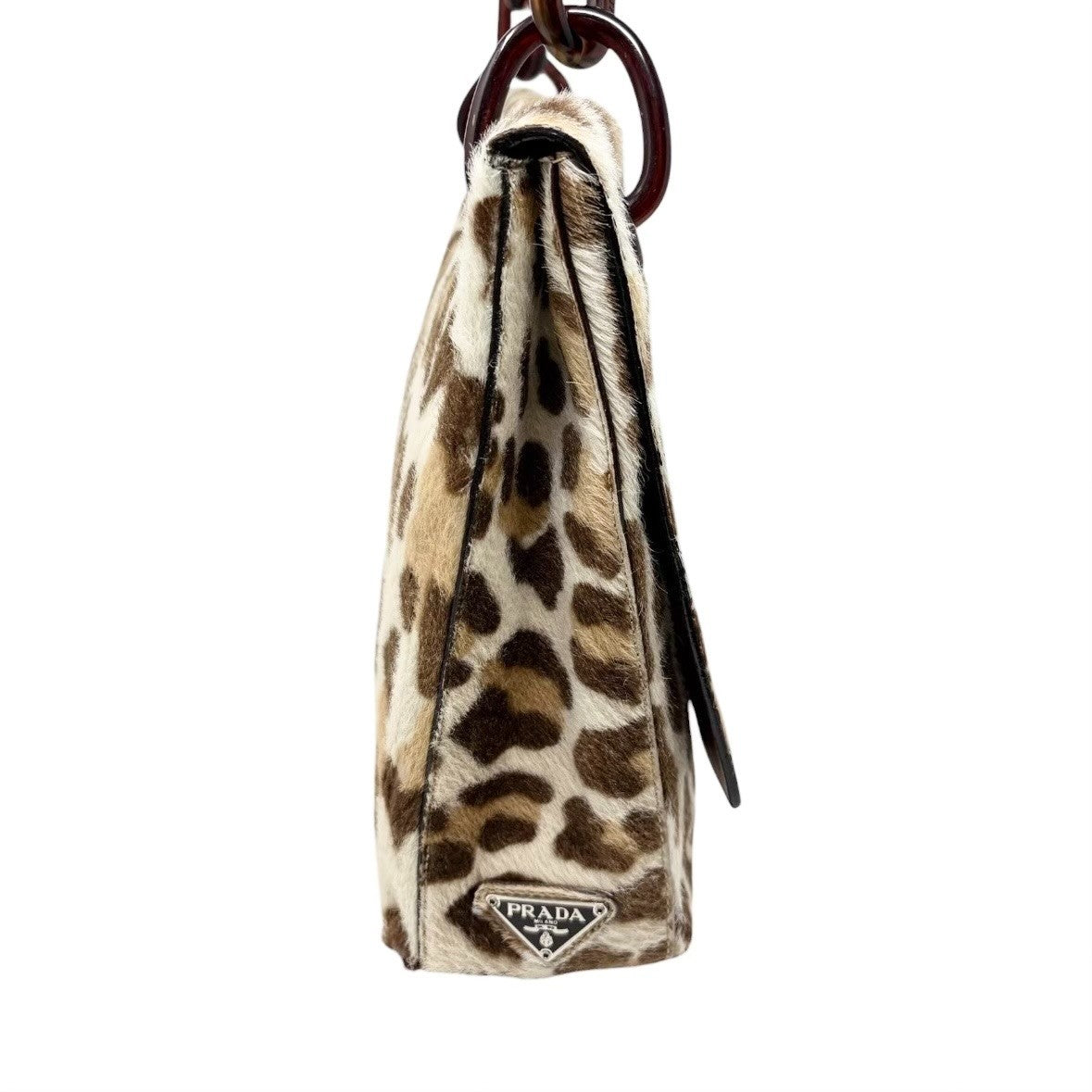 PRADA Vintage Triangle Logo Leopard Pony Calf Hair Chain Shoulder Bag 902309