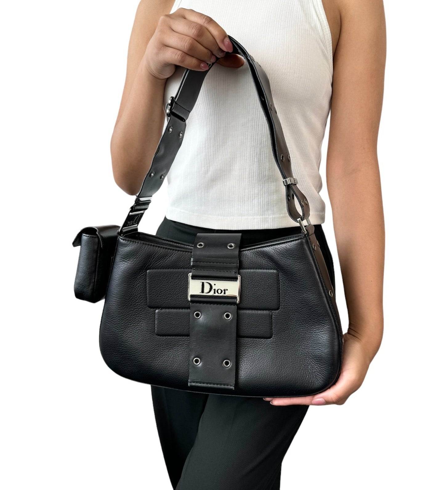 Christian Dior Vintage 2002 Logo Street Chic Shoulder Bag Black Leather 902094