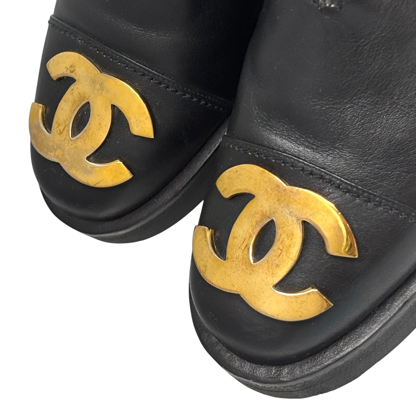 CHANEL Vintage CC Logo Lace-up Ankle Boots #36.5 Short Boots Black Gold Leather