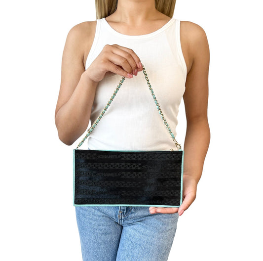 CHANEL Vintage CC Logo Pony Calf Hair Chain Shoulder Bag Black Mint Blue 902382