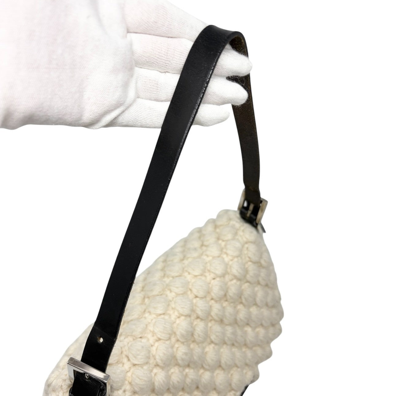 FENDI Vintage FF Logo Knit Mamma Baguette Shoulder Bag Wool Cream 902239