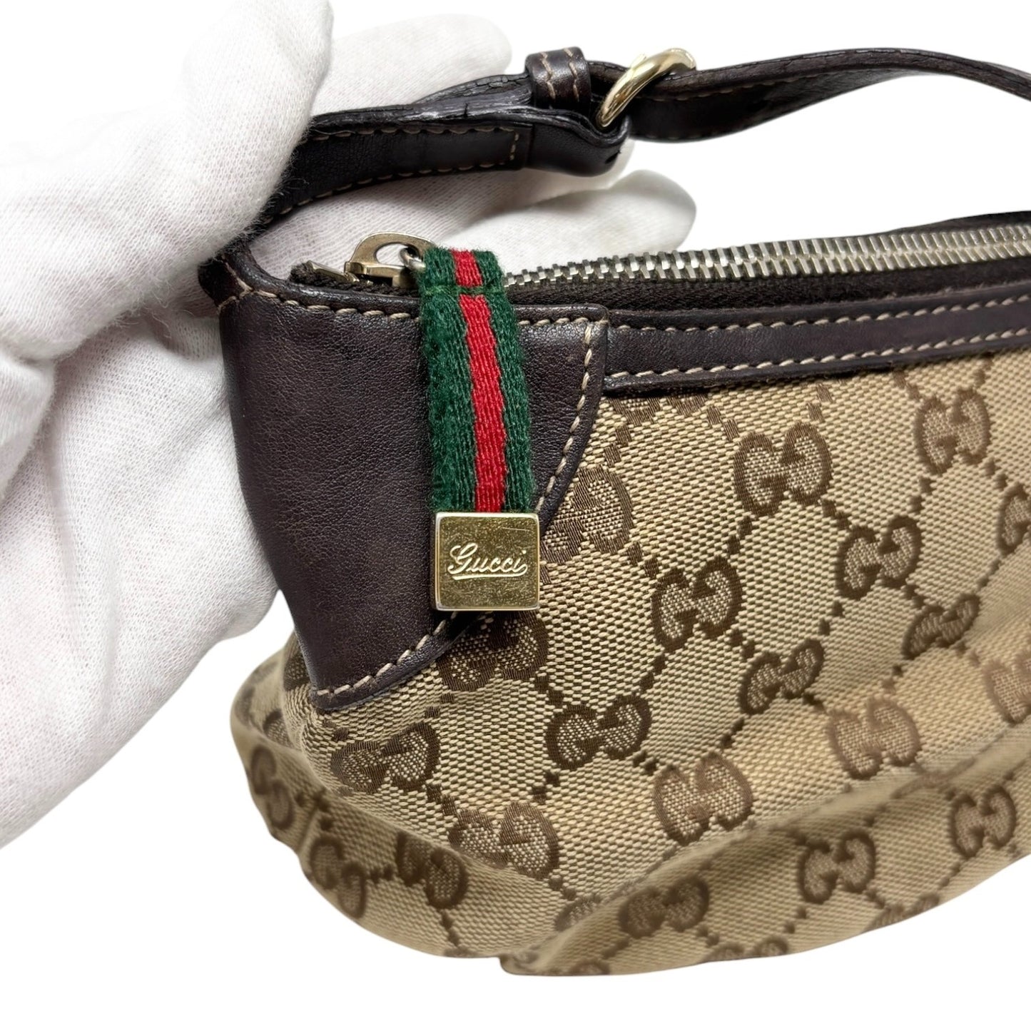GUCCI Vintage GG Monogram Web Stripe Mini Shoulder Bag Pochette Beige 902417