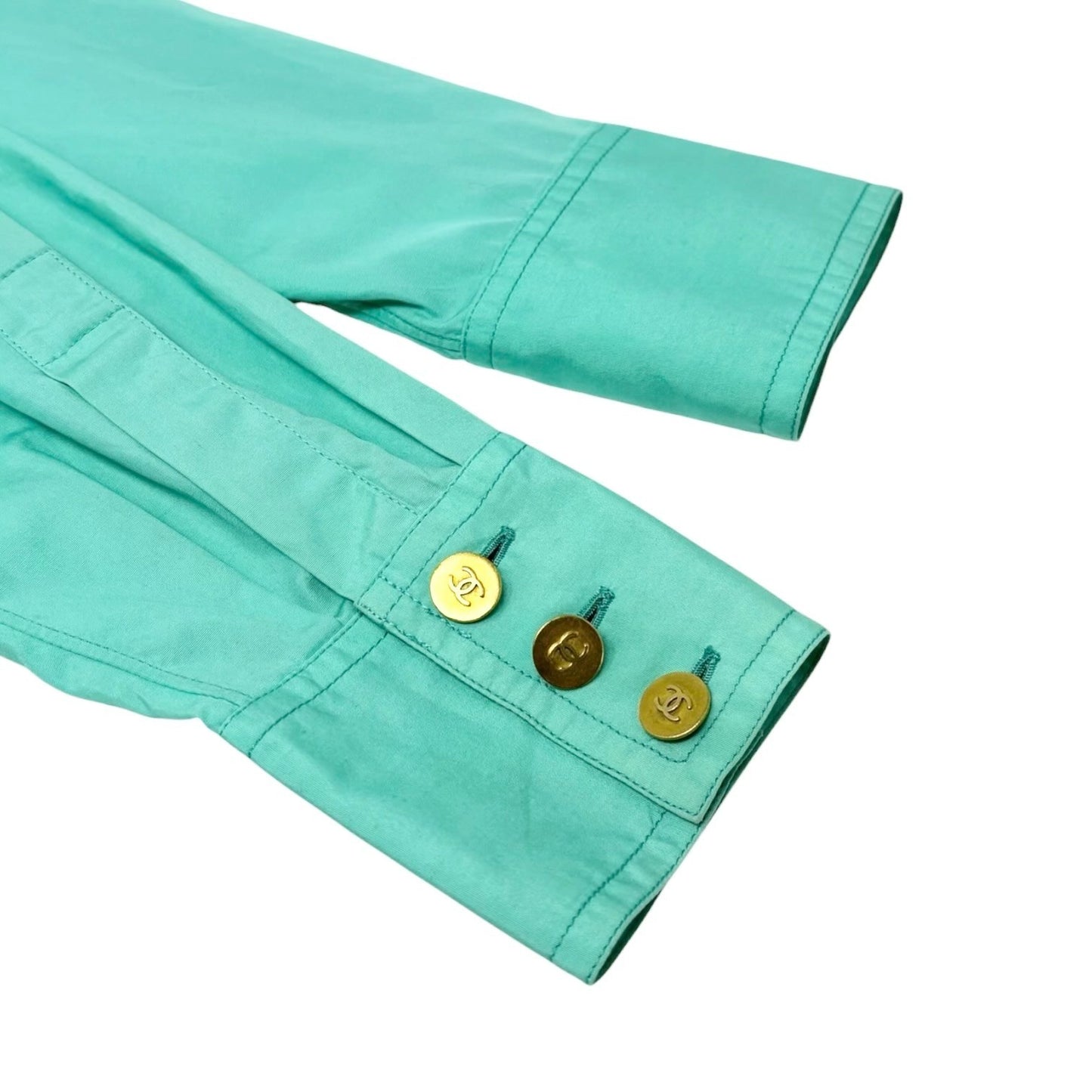 CHANEL Vintage PO4883 CC Logo Shirt Top #38 Button Light Green Gold 902593