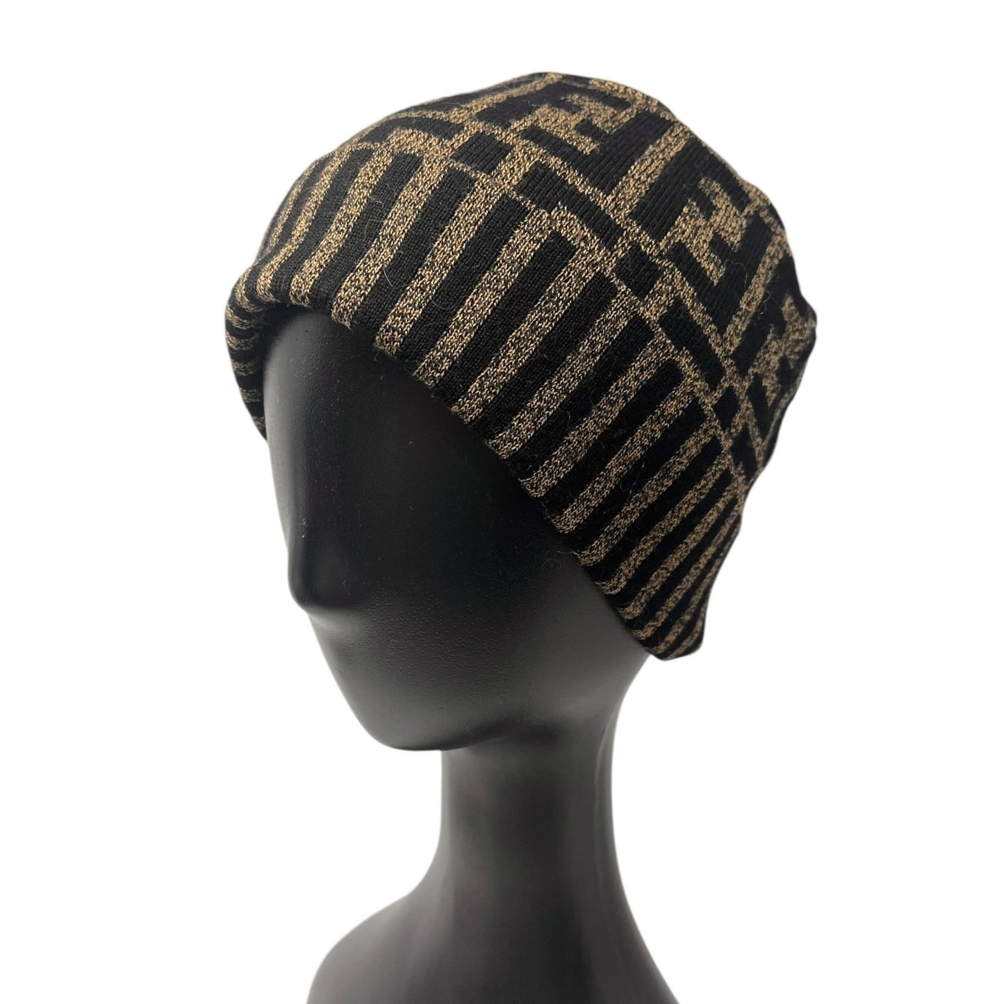 FENDI Vintage Zucca Knit Beanie Cap Stripe Brown Black FF Logo Monogram Wool