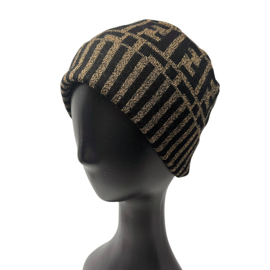 FENDI Vintage Zucca Knit Beanie Cap Stripe Brown Black FF Logo Monogram Wool