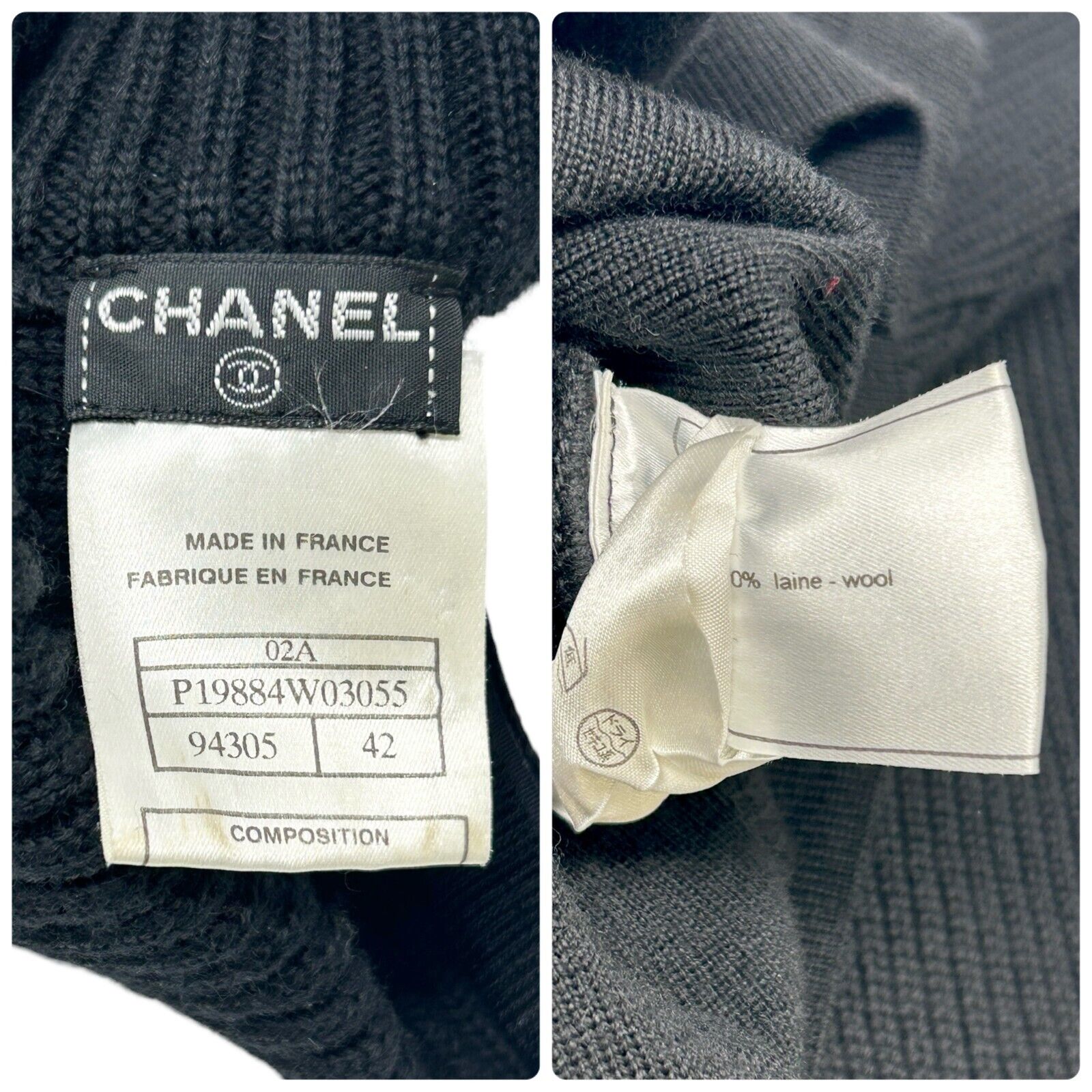 CHANEL Sport Vintage 02A CC Logo Sweater #42 Top Black Wool High Neck Rank AB