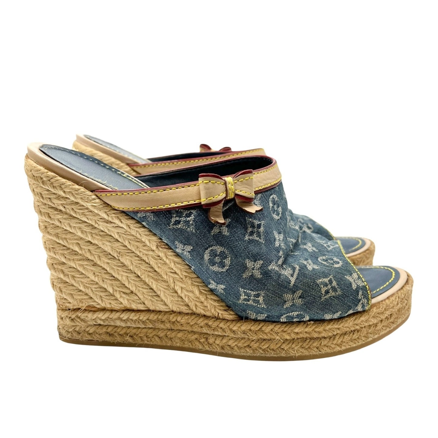 LOUIS VUITTON Vintage Monogram Denim Wedge Sole Sandals #38 Ribbon Blue Beige
