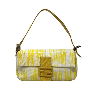 FENDI Vintage FF Logo Mamma Baguette Shoulder Bag Yellow White Leather Rank AB