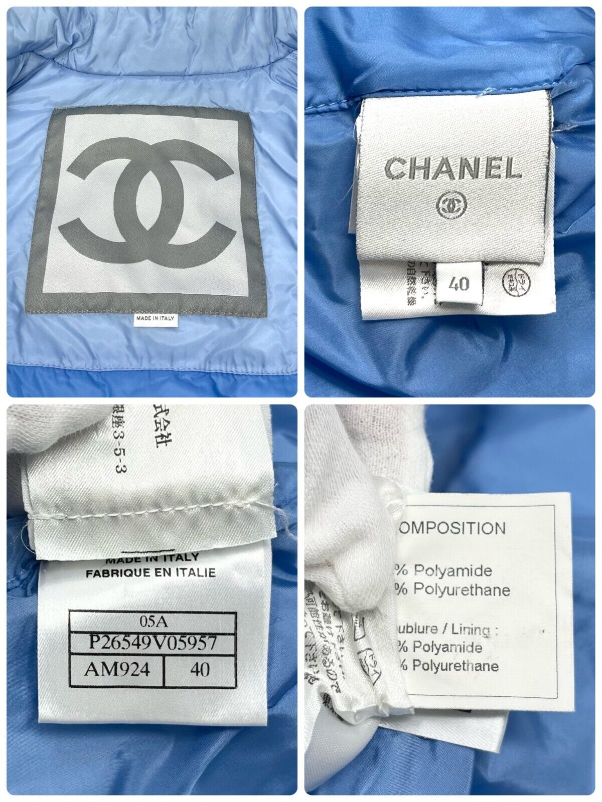 CHANEL Sport Vintage 05A Coco Mark Logo Puffer Jacket #40 Light Blue RankAB