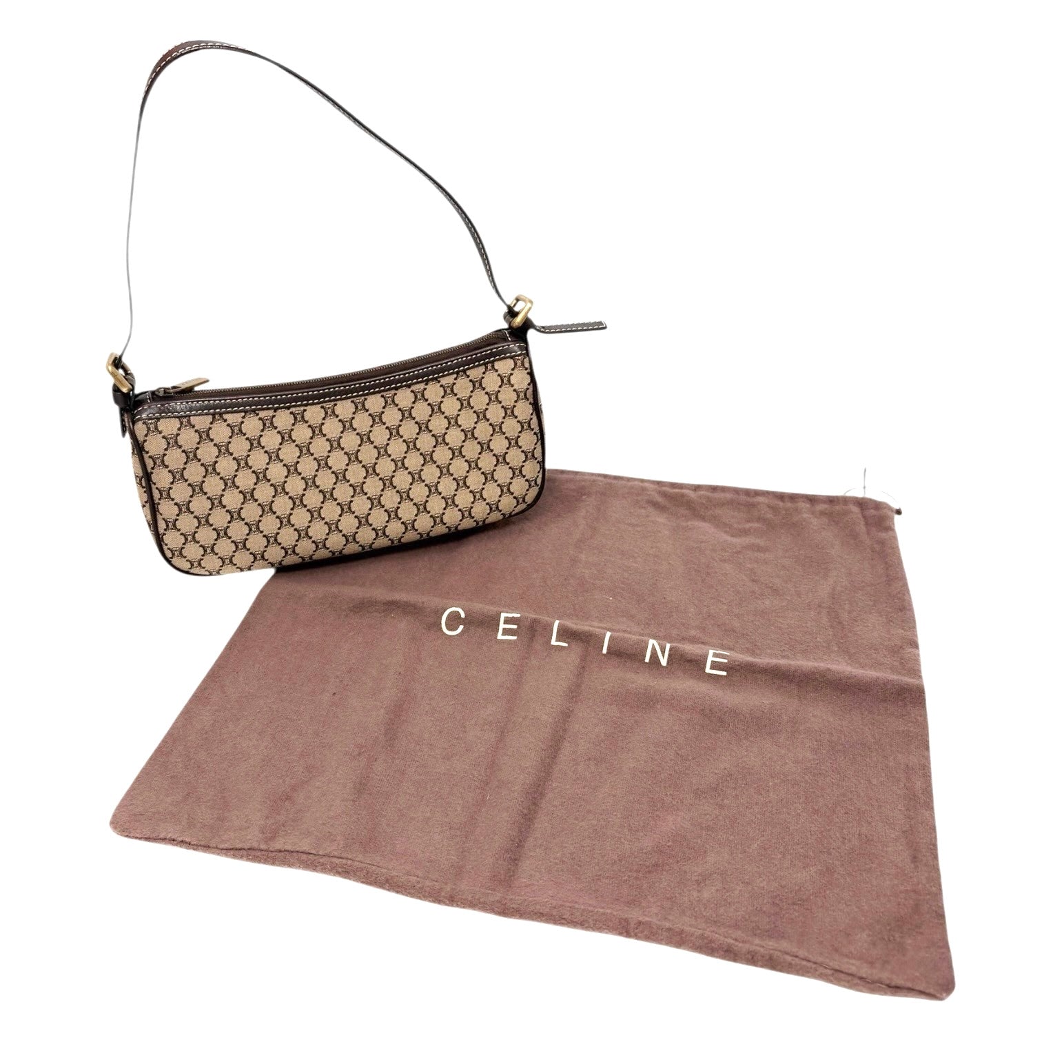 CELINE Vintage Macadam Monogram Shoulder Mini Bag Pochette Brown Canvas Leather