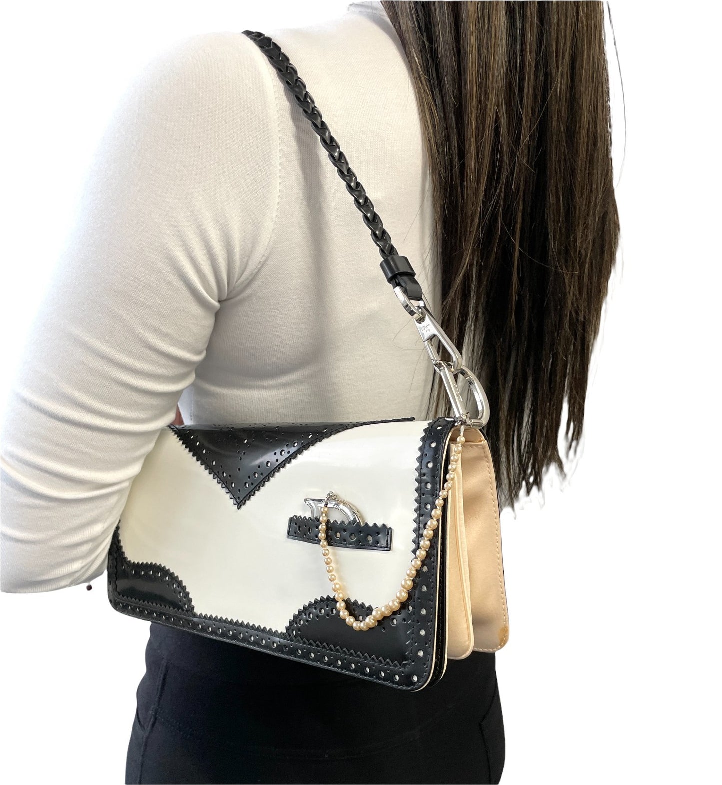 Christian Dior Vintage D'trick Pearl Bag White Black Leather Patent 902023