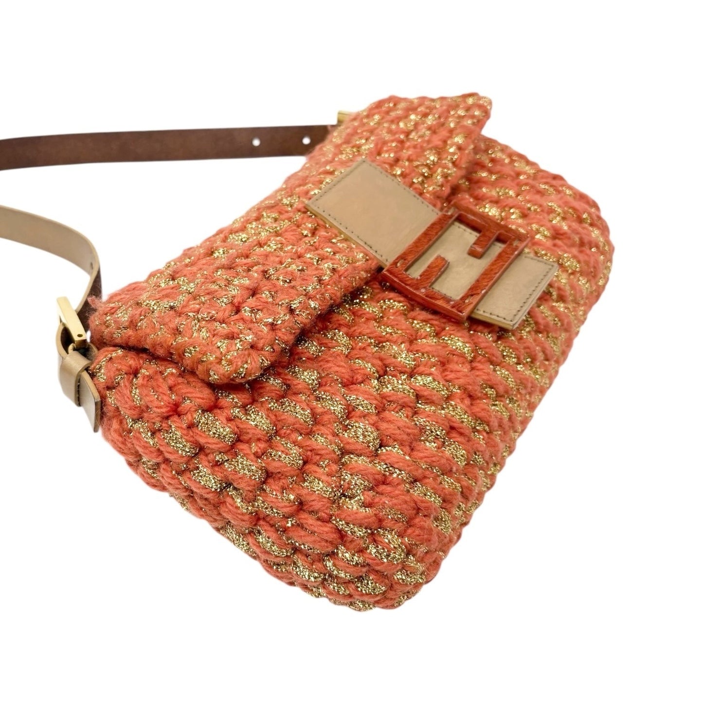 FENDI Vintage FF Mamma Baguette Wool Knit Shoulder Bag Glitter Orange Beige