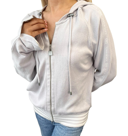 CHANEL Sport Vintage 04P Zipped Hoodie Knit Top #42 Gray Silver Cotton 902086
