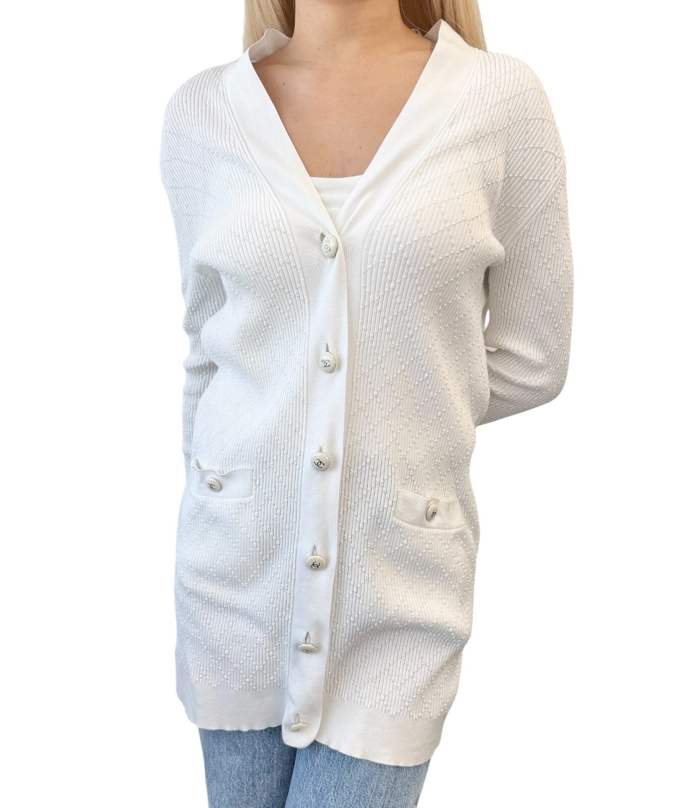 CHANEL Vintage 13P CC Mark Logo Knit Cardigan #36 White Cream Cotton Button