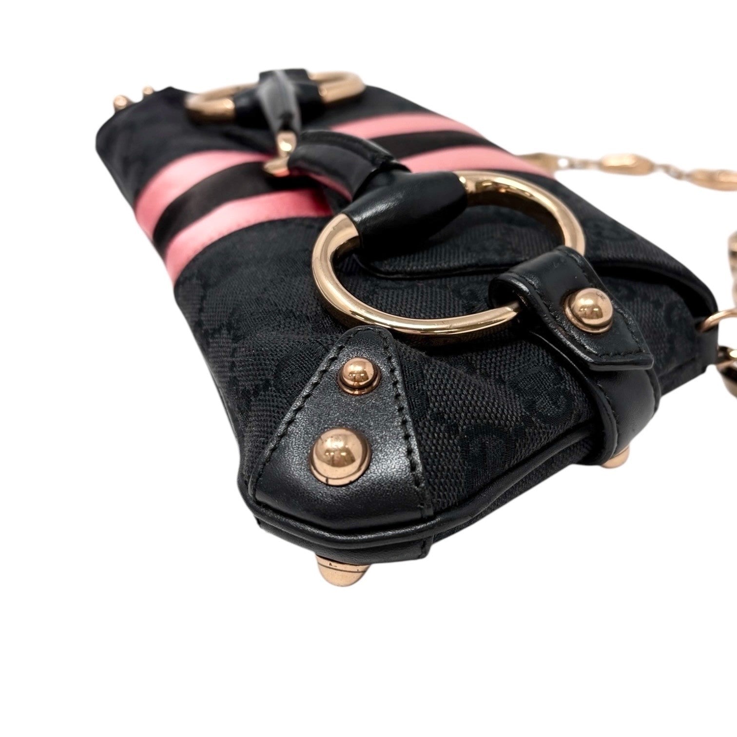 GUCCI Vintage GG Logo Monogram Horsebit Shoulder Clutch Bag Chain Black Pink