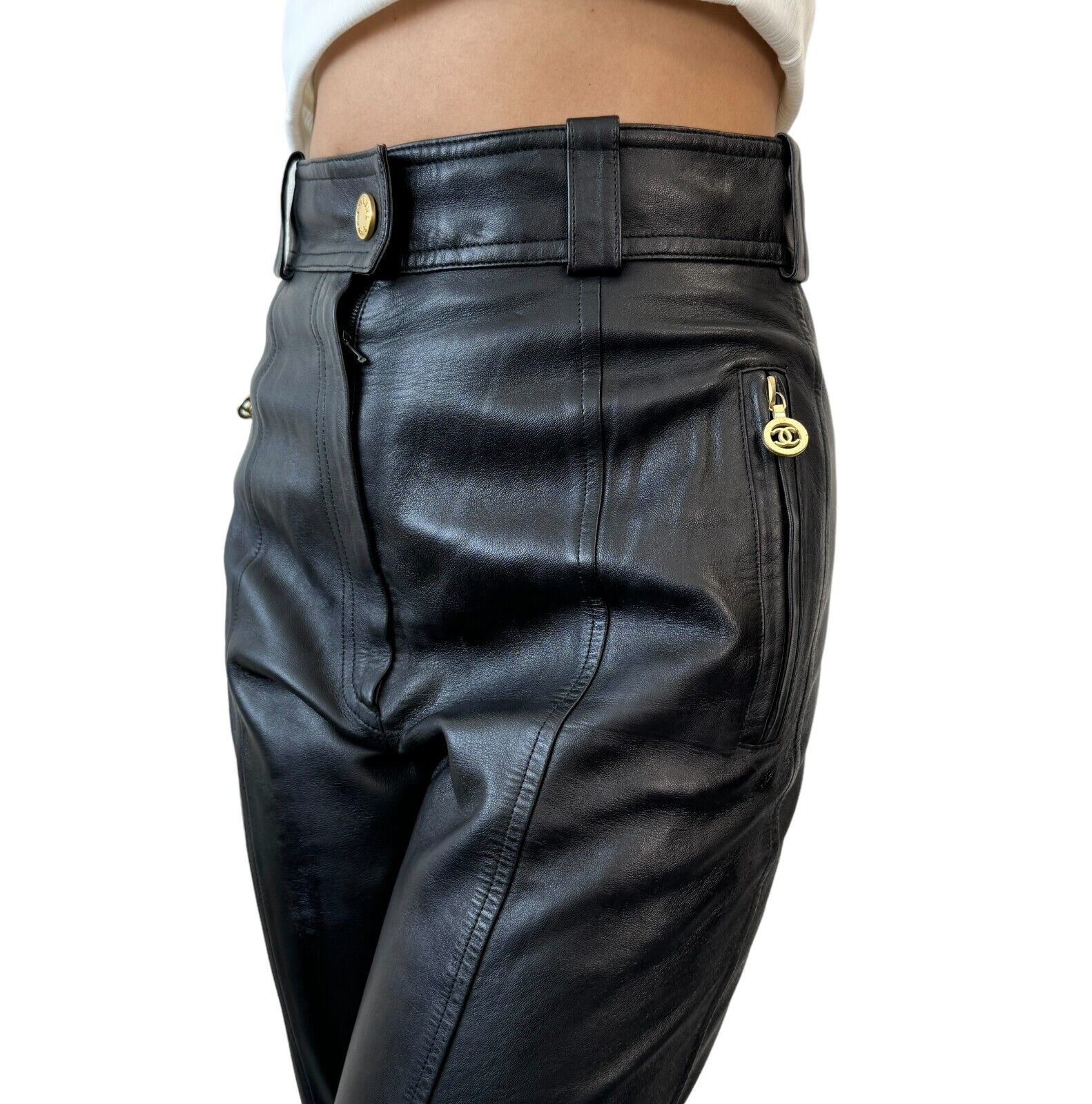 CHANEL Vintage 93A Coco Mark Logo Pants #38 Black Gold Zip Leather Rank AB