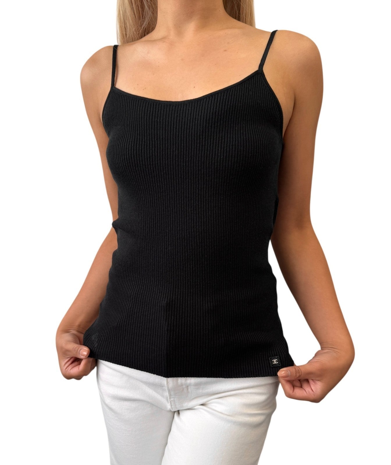CHANEL Vintage 02C CC Logo Ribbed Camisole Top #42 Black Cotton Sleeveless