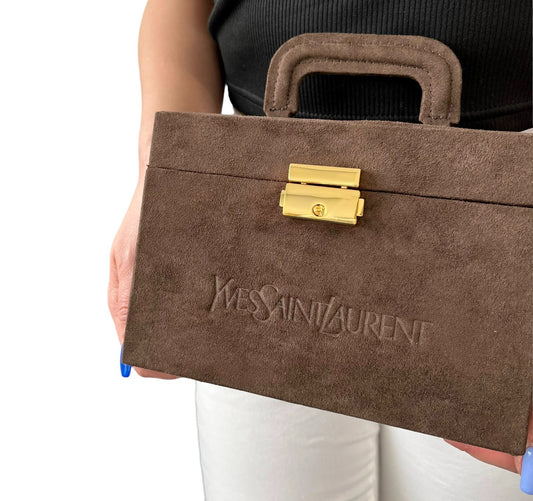 Yves Saint Laurent Vintage YSL Logo Suede Vanity Cosmetic Box Bag Brown Gold