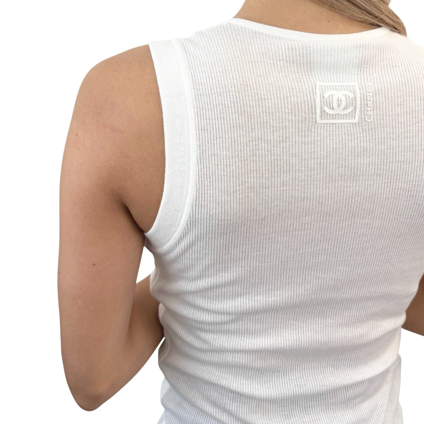 CHANEL Sport Vintage 06P CC Mark Logo Rib Tank Top #38 White Cotton Rayon
