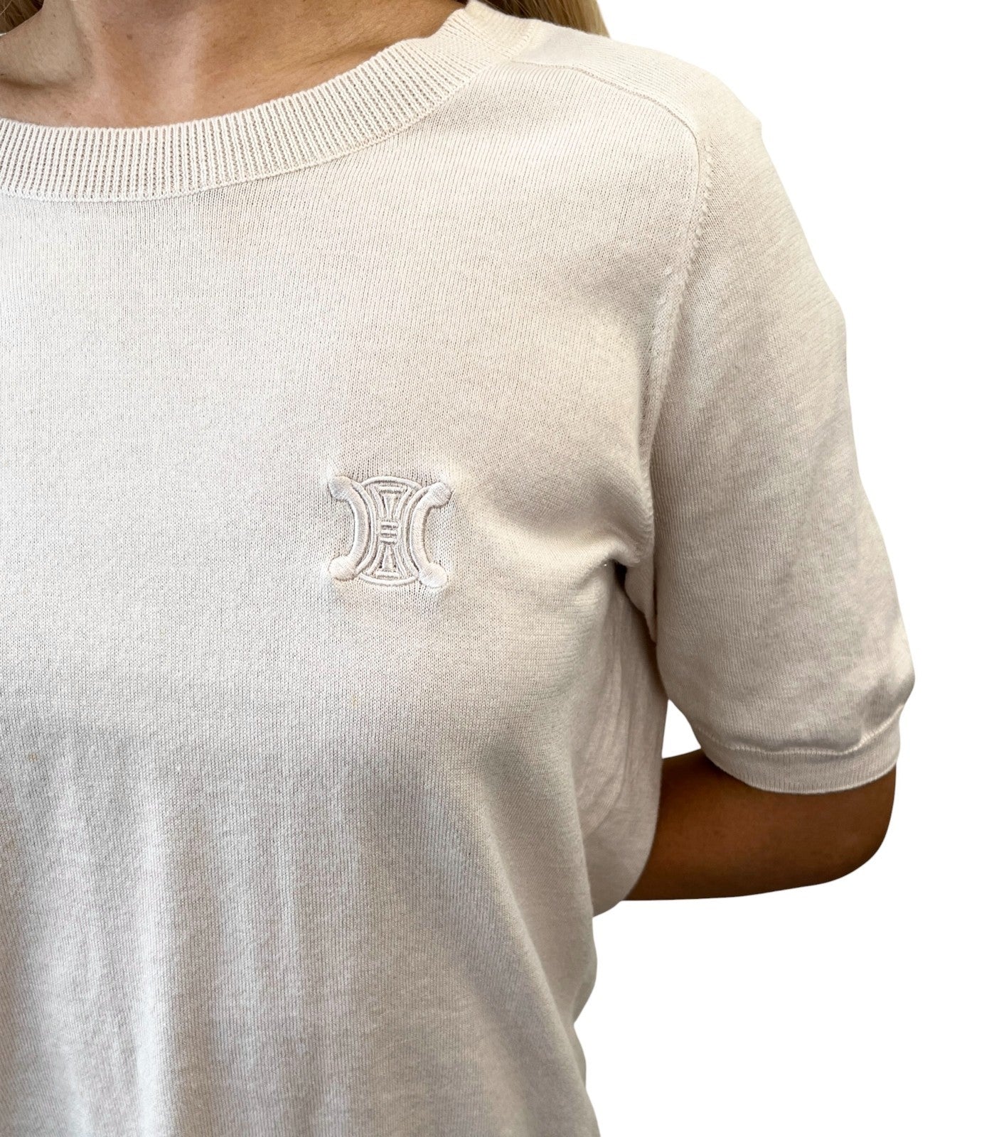 CELINE Vintage Macadam Logo Knit T-shirt Top Pink Beige Cotton 106955