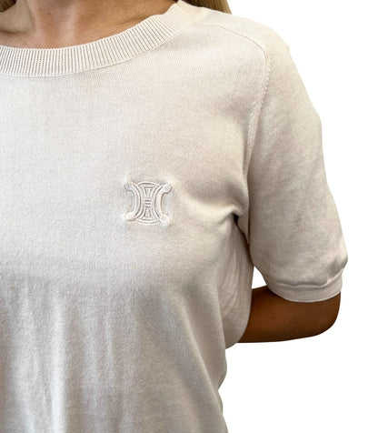 CELINE Vintage Macadam Logo Knit T-shirt Top Pink Beige Cotton 106955