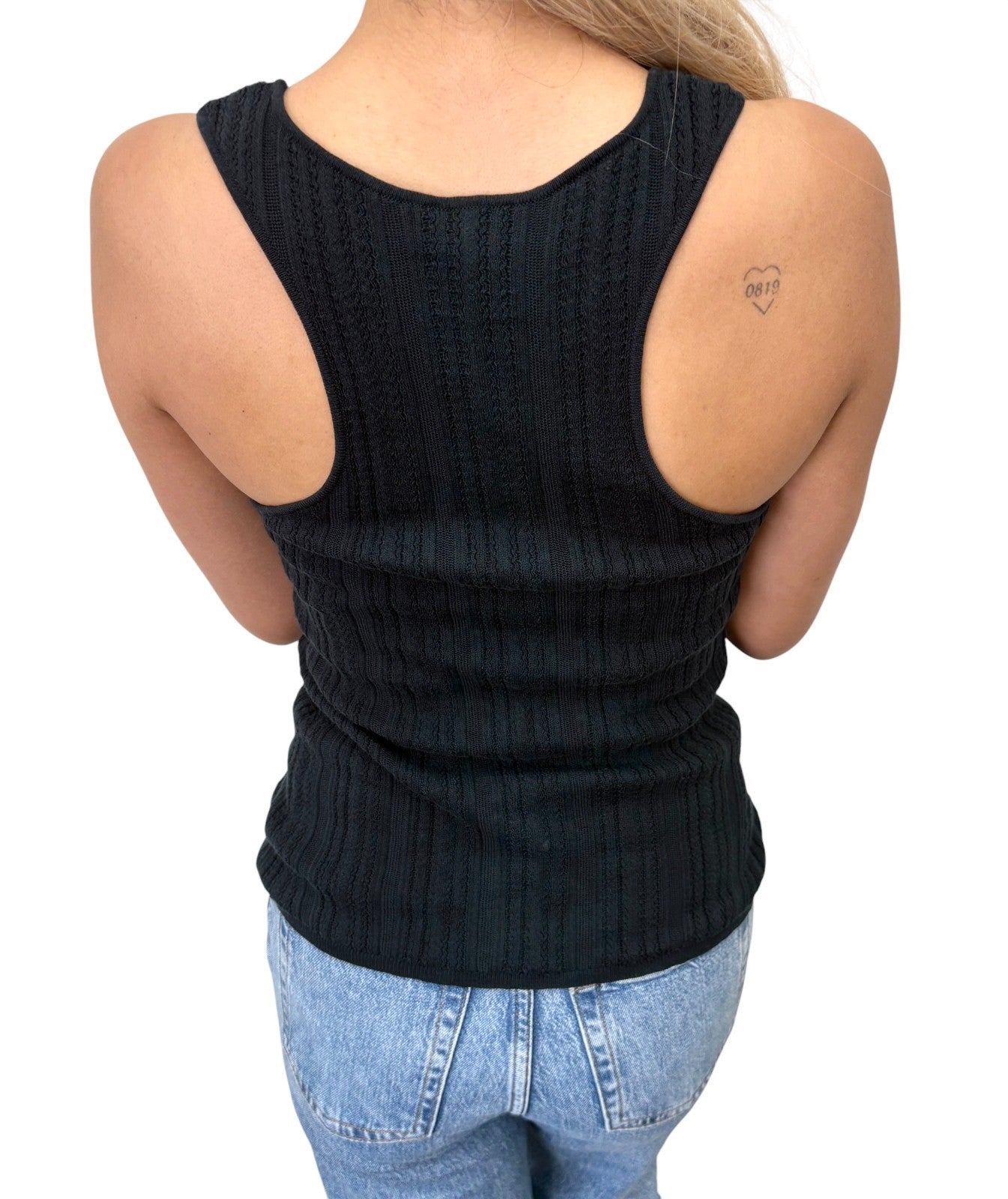 CHANEL Vintage 01P CC Logo Mesh Rib Knit Tank Top #38 Black Cotton 902425
