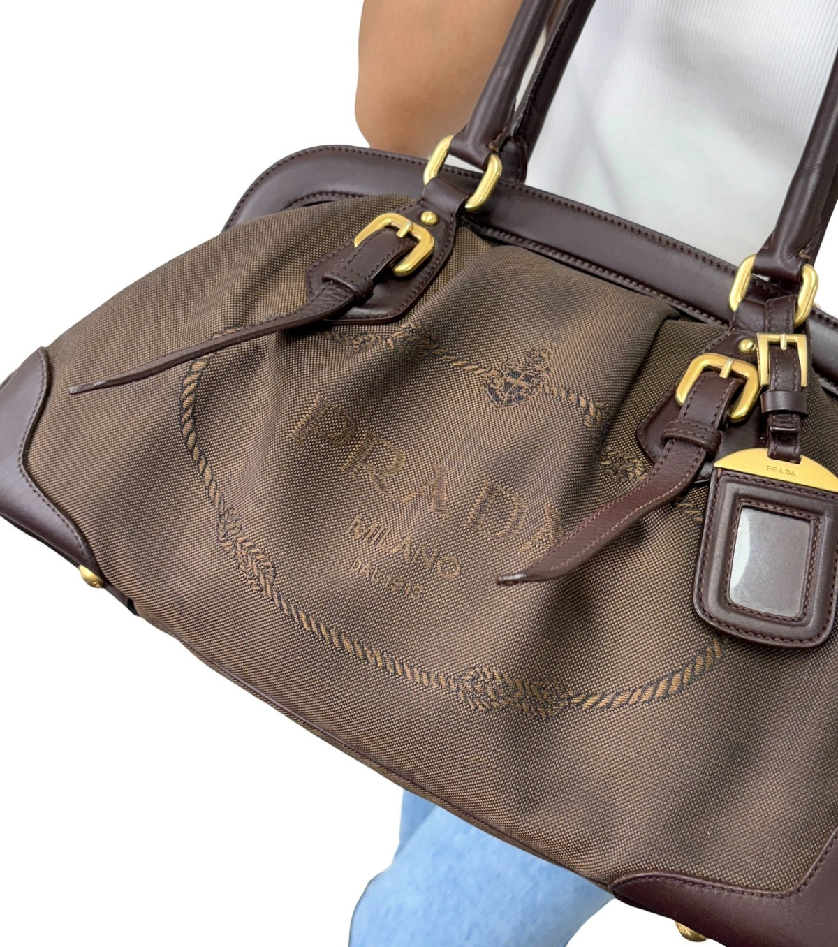 PRADA Vintage Milano Jacquard Shoulder Boston Bag Brown Gold 902455