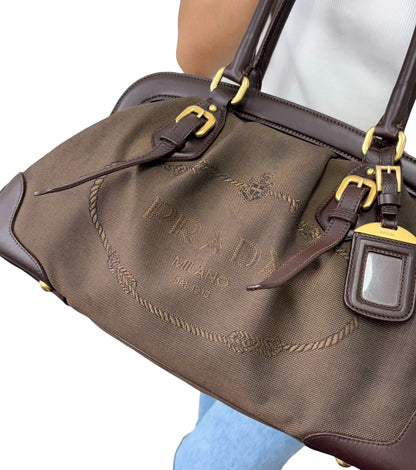 PRADA Vintage Milano Jacquard Shoulder Boston Bag Brown Gold 902455