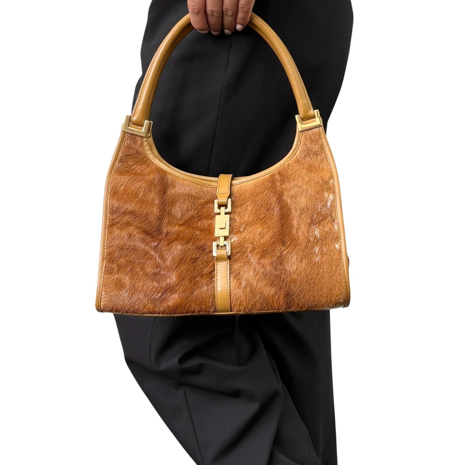 GUCCI Vintage Logo Jackie Pony Calf Hair Shoulder Bag Brown Gold 901855