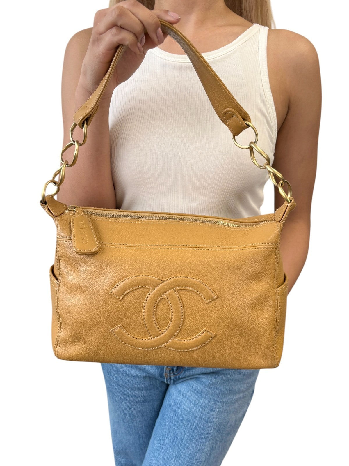 CHANEL Vintage Big CC Logo Leather Shoulder Hobo Bag Beige Gold Stitch Chain