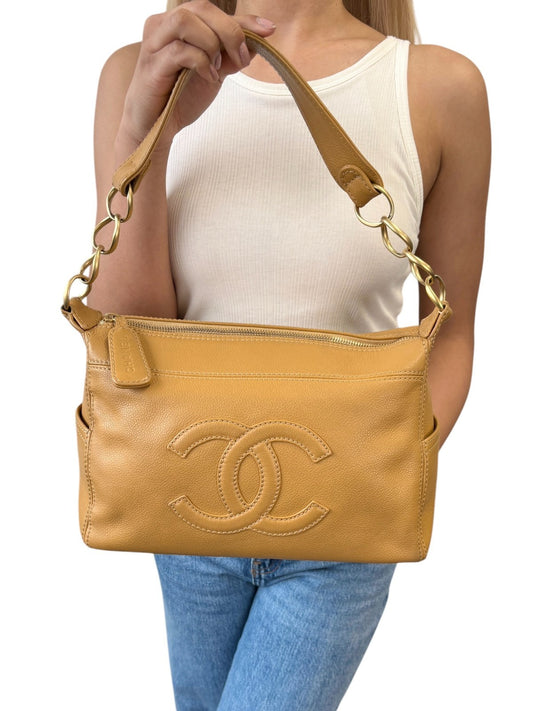 CHANEL Vintage Big CC Logo Leather Shoulder Hobo Bag Beige Gold Stitch Chain