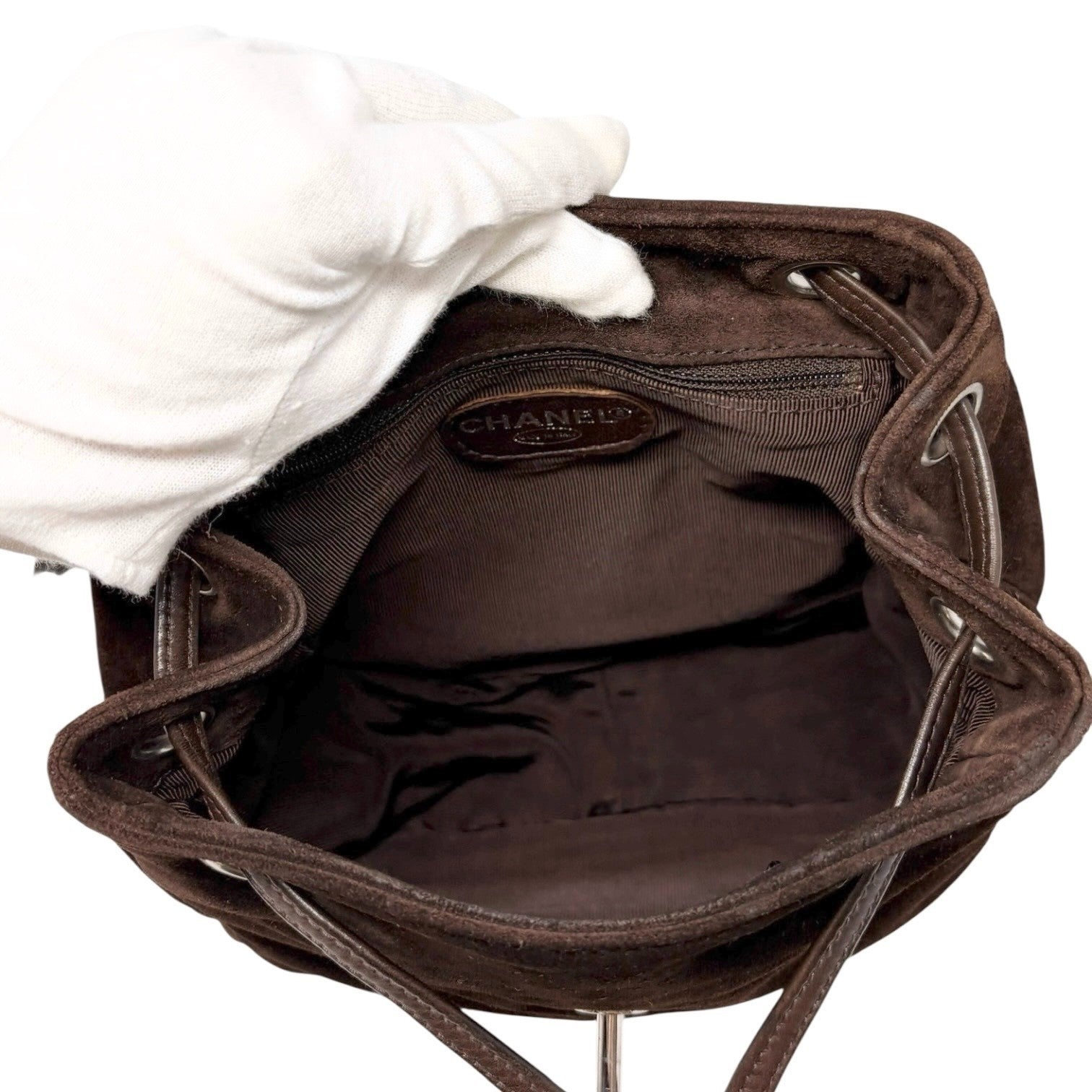 CHANEL Vintage CC Mark Logo Turn Lock Backpack Stitch Brown Silver Suede