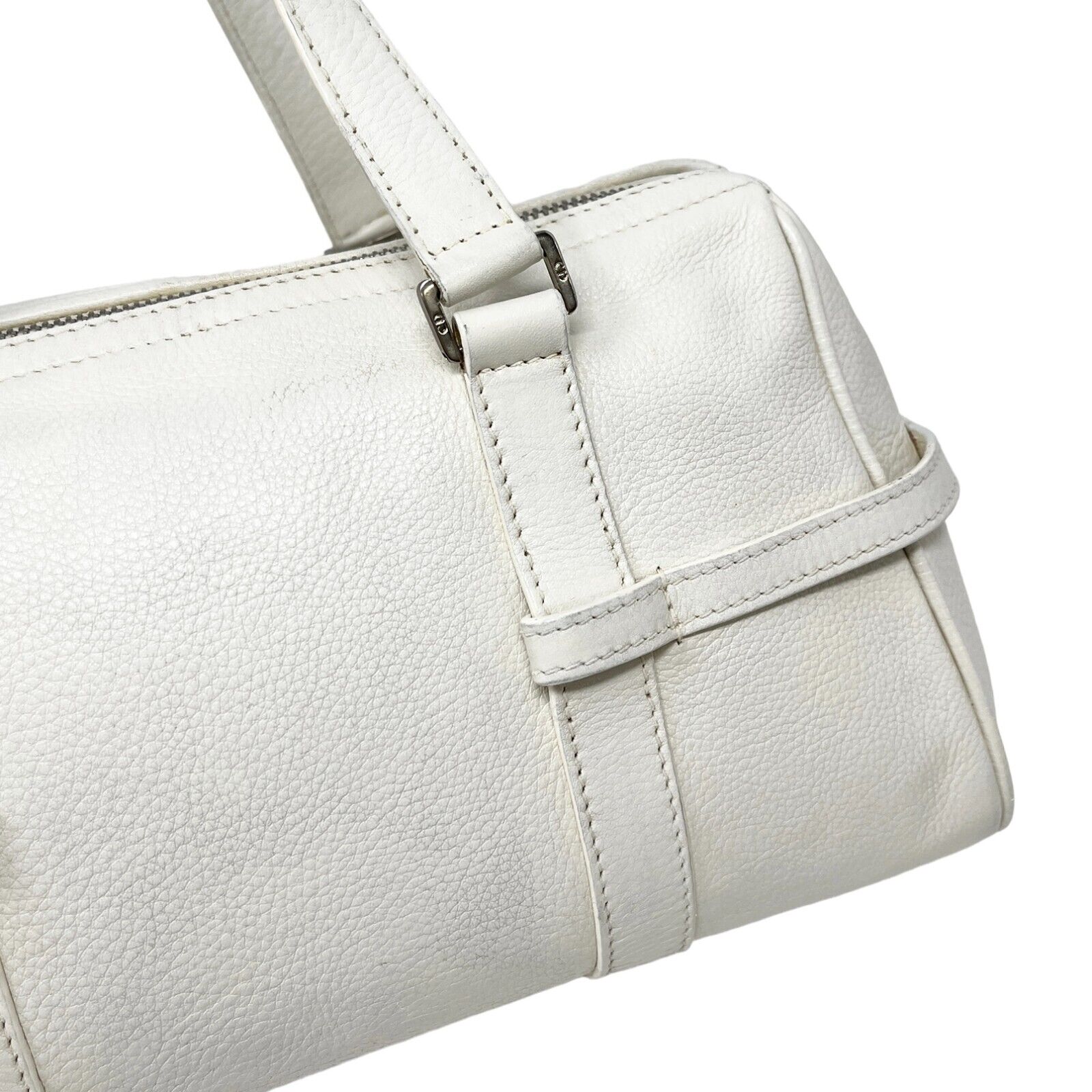 Christian Dior Vintage Logo Charm Shoulder Bag Zip White Silver Leather RankAB