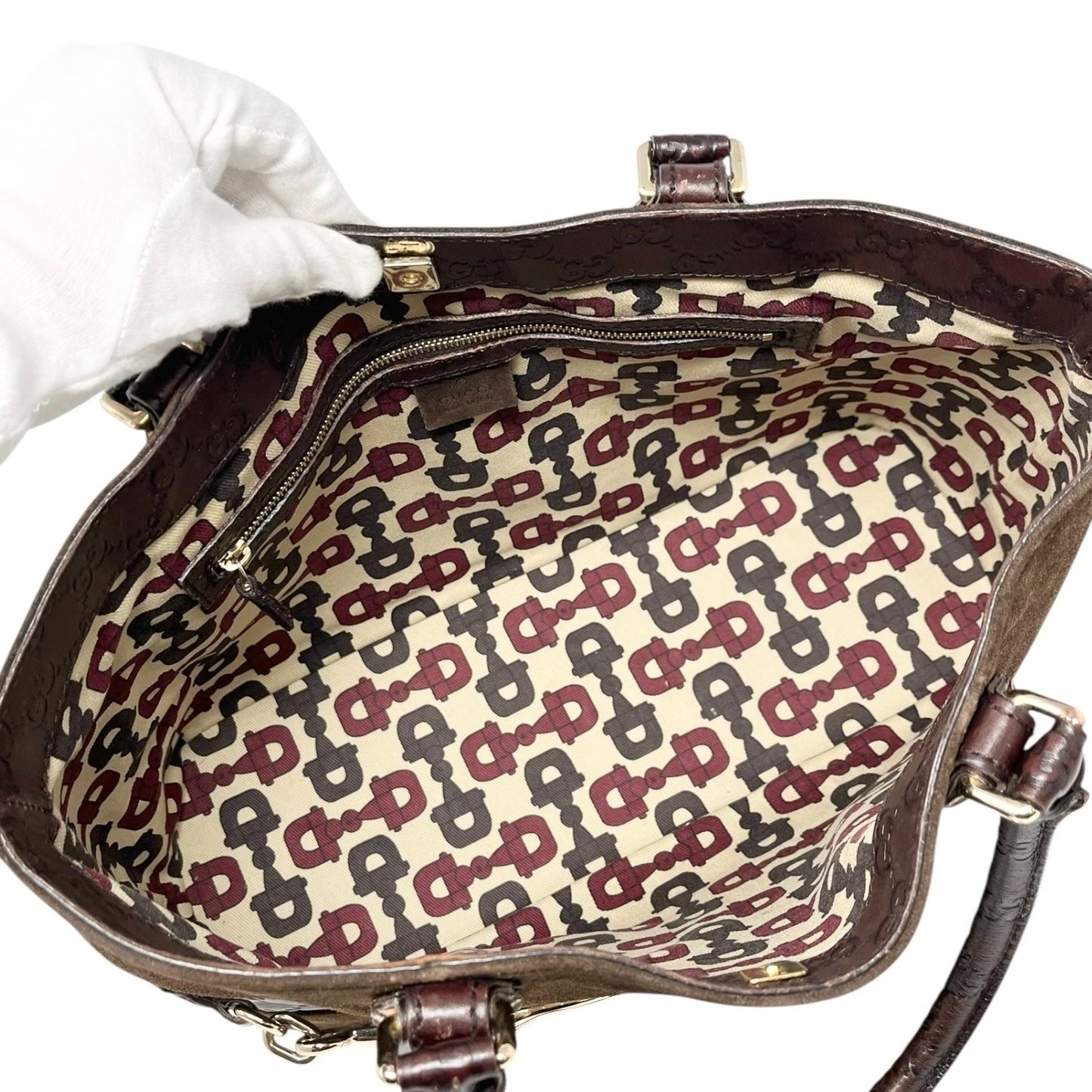 GUCCI Vintage GG Monogram Horsebit Suede Shoulder Bag Tote Brown Gold Leather