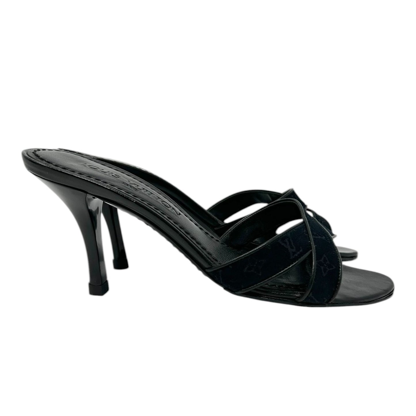 LOUIS VUITTON Vintage LV Monogram Satin Open Toe Sandals #37 Black Leather