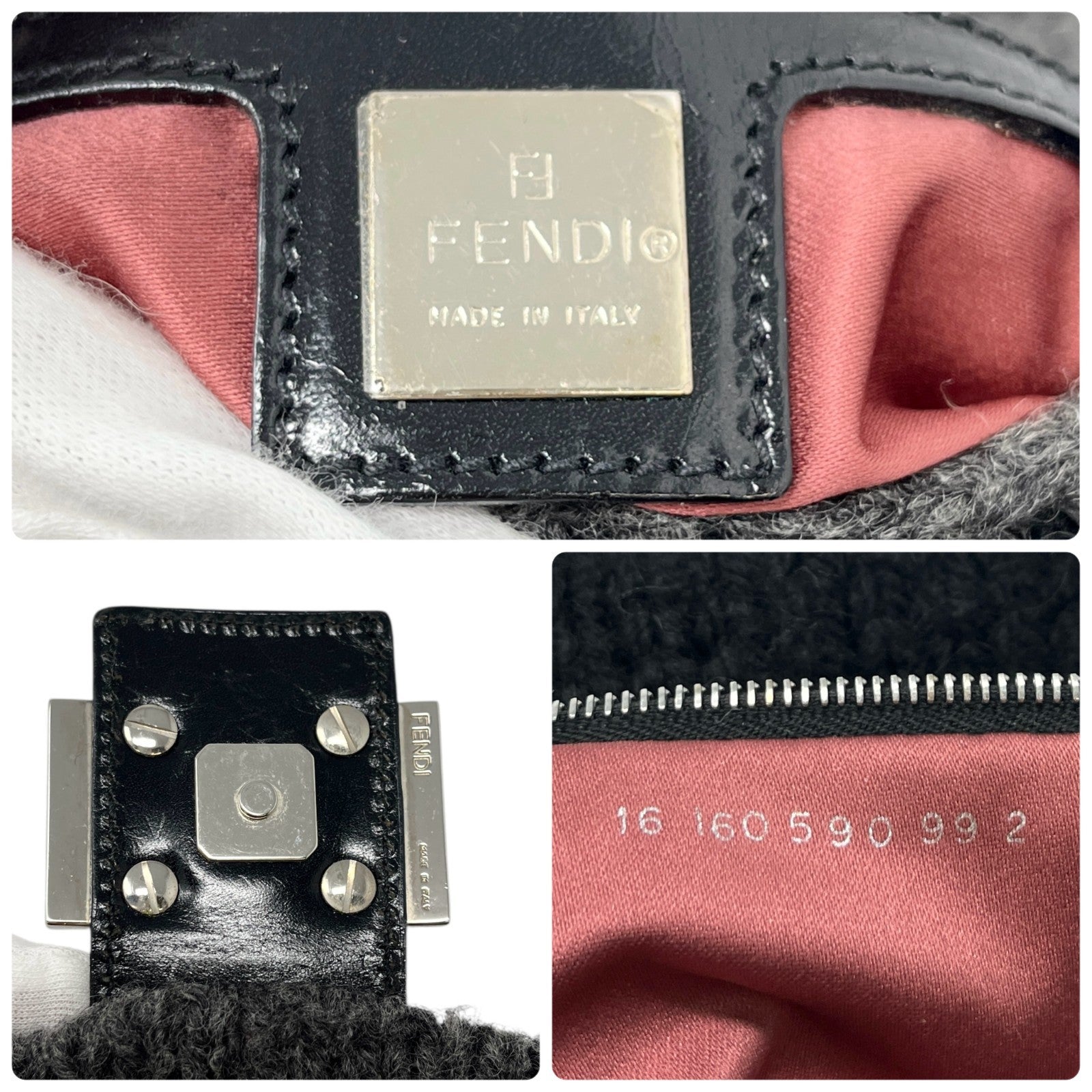 FENDI Vintage FF Logo Knit Mamma Baguette Shoulder Bag Black Gray Silver Wool