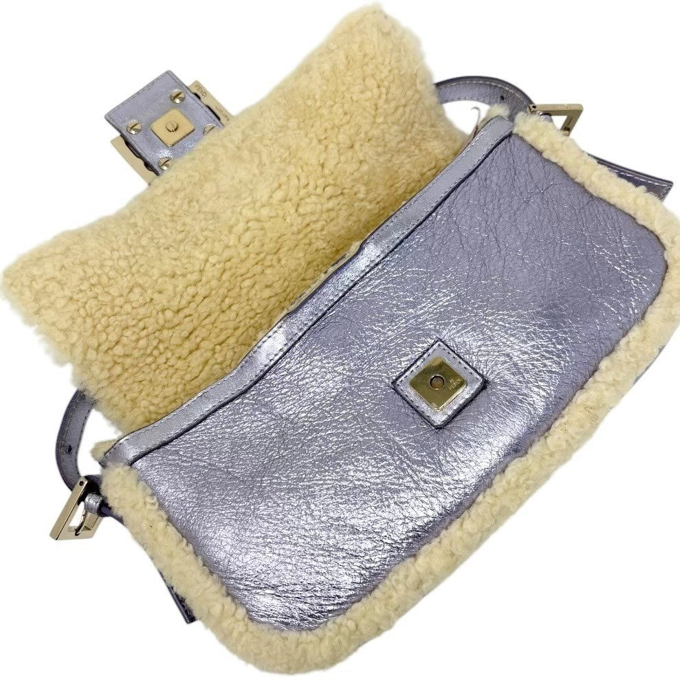 FENDI Vintage Mamma Baguette Metallic Shearling Shoulder Bag Purple 902830