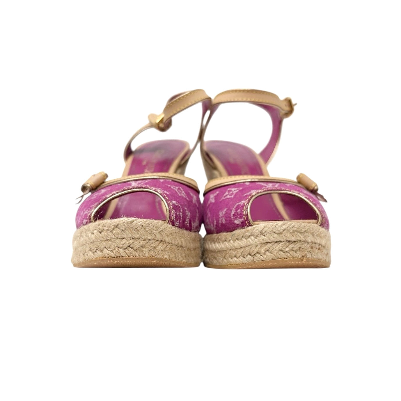 LOUIS VUITTON Vintage LV Logo Monogram Sandals #37.5 Pink Beige Canvas