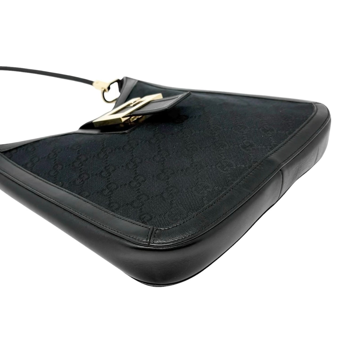 GUCCI Vintage G Square GG Monogram Shoulder Bag Magnetic Black Gold Leather